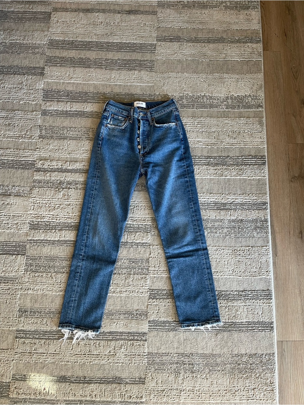Agolde Medium Blue Straight-Leg High-Rise Jeans with Frayed Hem